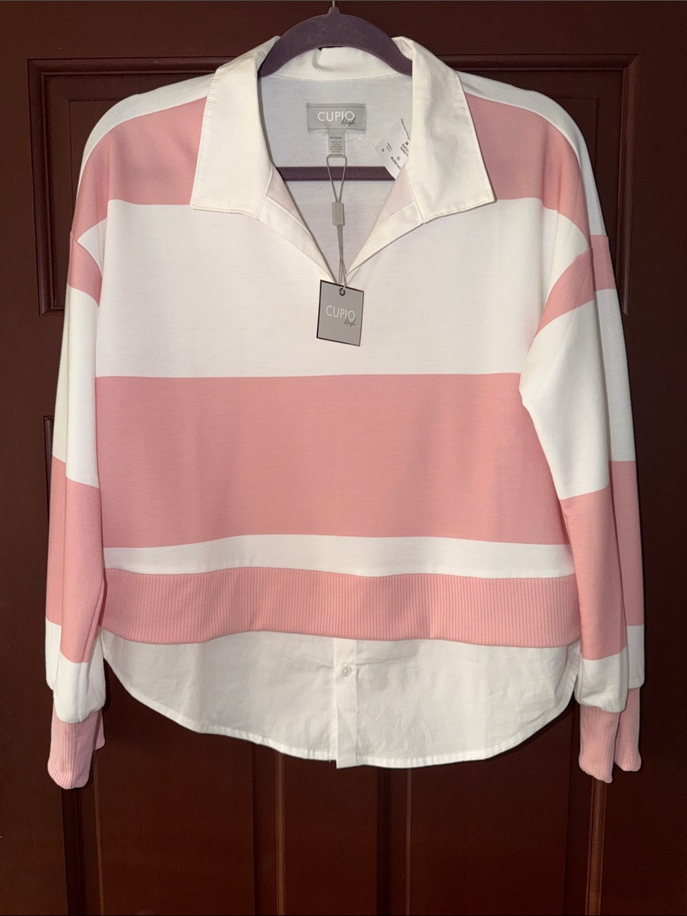 Cupio Pink and White Striped Layered Polo Sweatshirt